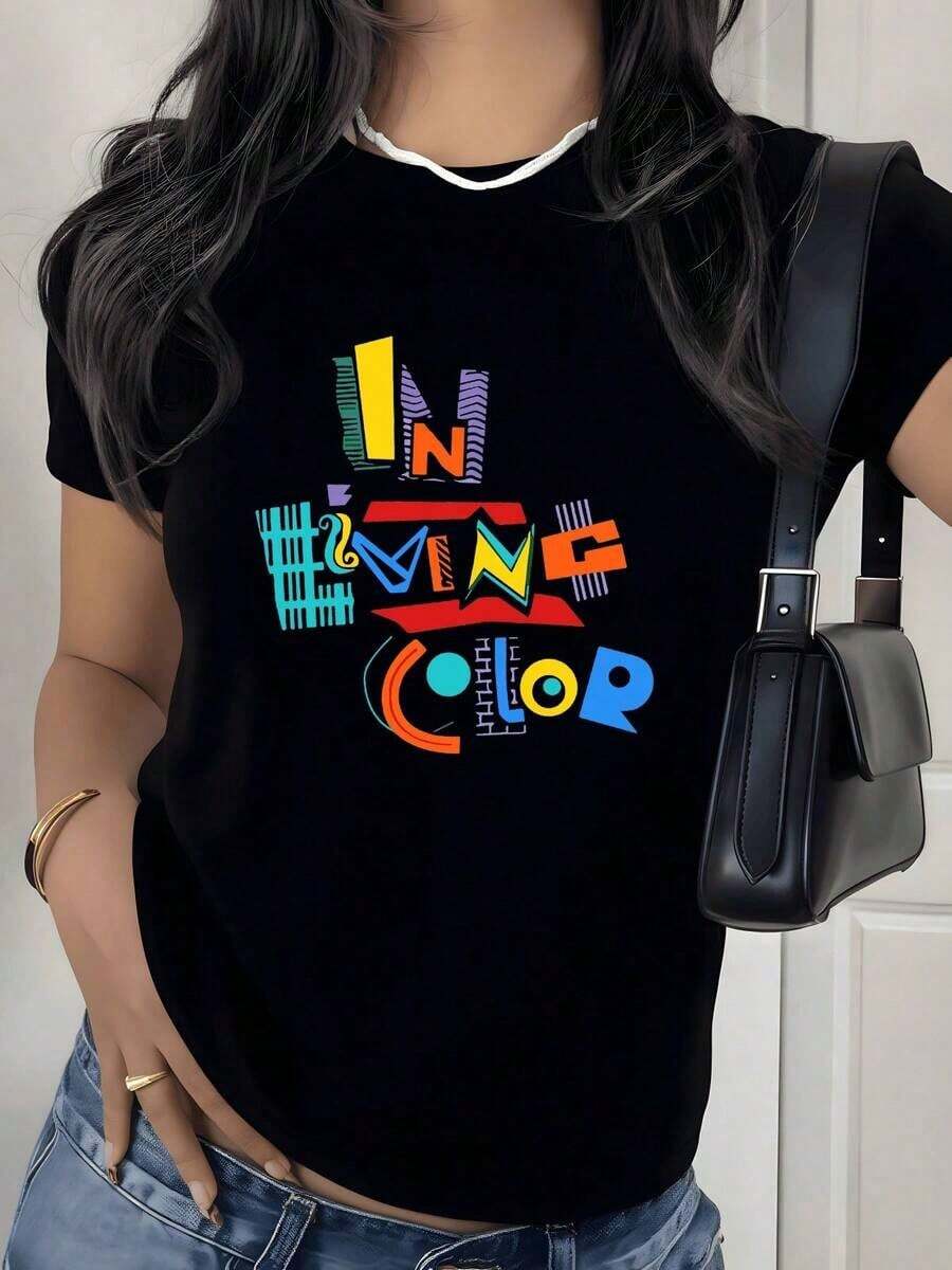 Camiseta con Estampado Gráfico de Tipografía Abstracta Colorida, 180g, 1 Pieza, Arte de Letras Vibrantes, Camiseta Casual de Mujer 100% Algodón, Estilo Urbano - Negro - Ver 1