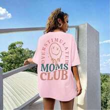 Women's Summer T-Shirts With A 'Mom Club' Graphic Print, Crew Neck, Short Sleeves, Simple Casual Style For Everyday Wear, In Black, Plus Sizes. Graphic Print T-Shirts For Mom's Birthday, Fun Prints For Mom, Women's Summer Clothes, Summer T-Shirts With Face And Letter Prints. - 粉色 - 查看 2