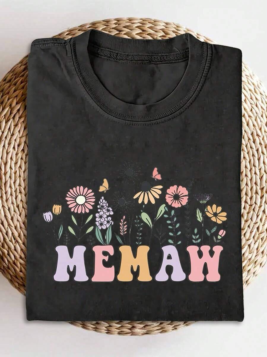 Men's And Women's Washed Cotton T-Shirt With Spring-Inspired MEMAW Print, High-Quality Vintage Fashion Brand Batik Cotton T-Shirt, Women's T-Shirt, Christmas Gift, Perfect Gift, Everyday Wear. - 水洗黑色 - 查看 1