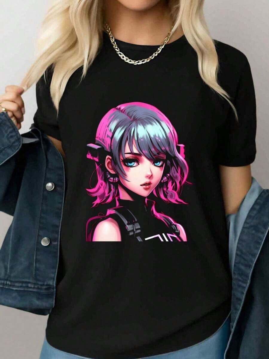 Camiseta única con diseño Y2K de estilo futurista y colores vibrantes ideal para los amantes de la moda contemporánea combina comodidad y originalidad perfecta para destacar en cualquier ocasión. - Negro - Ver 1