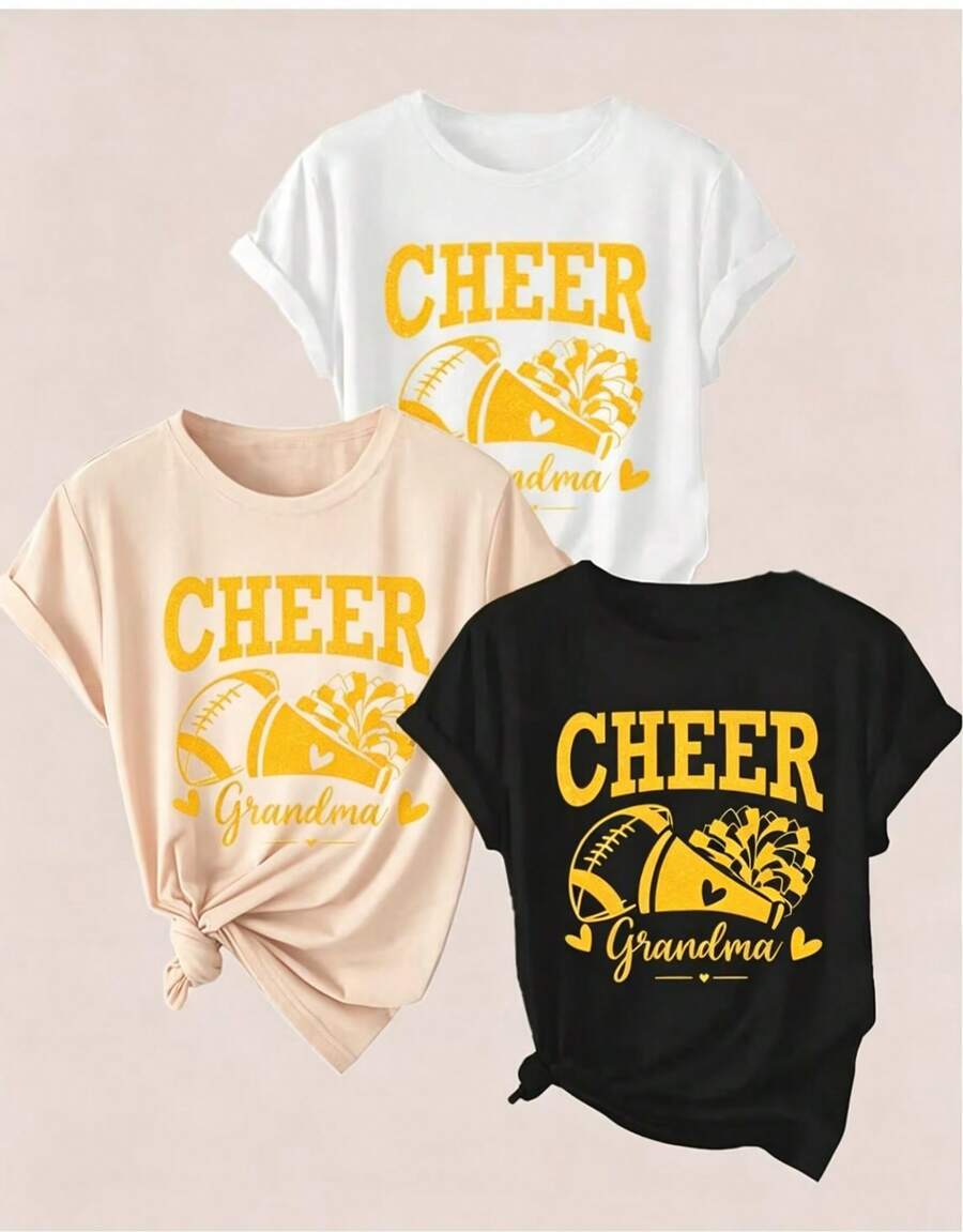Camiseta de Mujer a 3 piezas/set de camisetas de manga suitable for streetwear, Top oversized cuello redondo daily outings, camping, concerts, hip-hop, rock, and rap events Estampado Dorado: Rugby y Pompones de Animadora, adornada con las palabras "Cheer Grandma" en estampado por transferencia térmica. Disponible en múltiples colores, conjunto de , camiseta de manga corta para mujer, top elástico. - Blanco - Ver 1