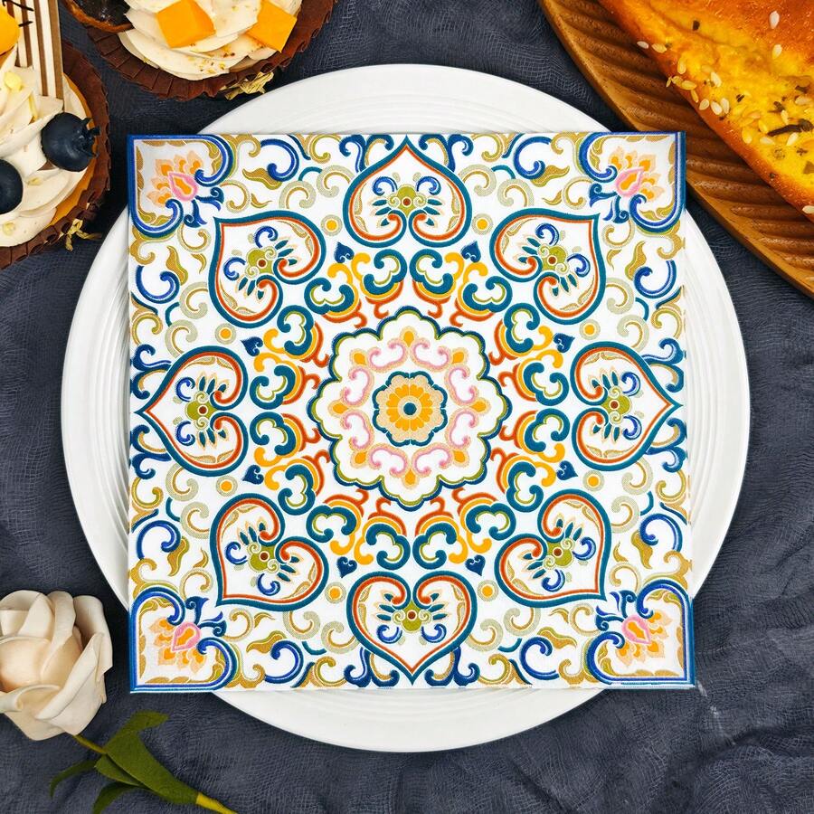 IOOJA 20/50pcs 2-Ply Unfolded Size 33*33cm Bohemian Floral Pattern Printed Party Napkins, Disposable Tissue Paper Suitable For Theme Parties, Essential For Company Events, Friends Gatherings - Multicolor - View 1