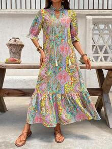 Vestido de manga media estampado con estilo bohemio para mujer, vestido largo holgado con volantes, mangas acampanadas y cuello con lazo, estampado paisley, para uso casual diario en primavera/otoño - Multicolor 5 - Ver 9