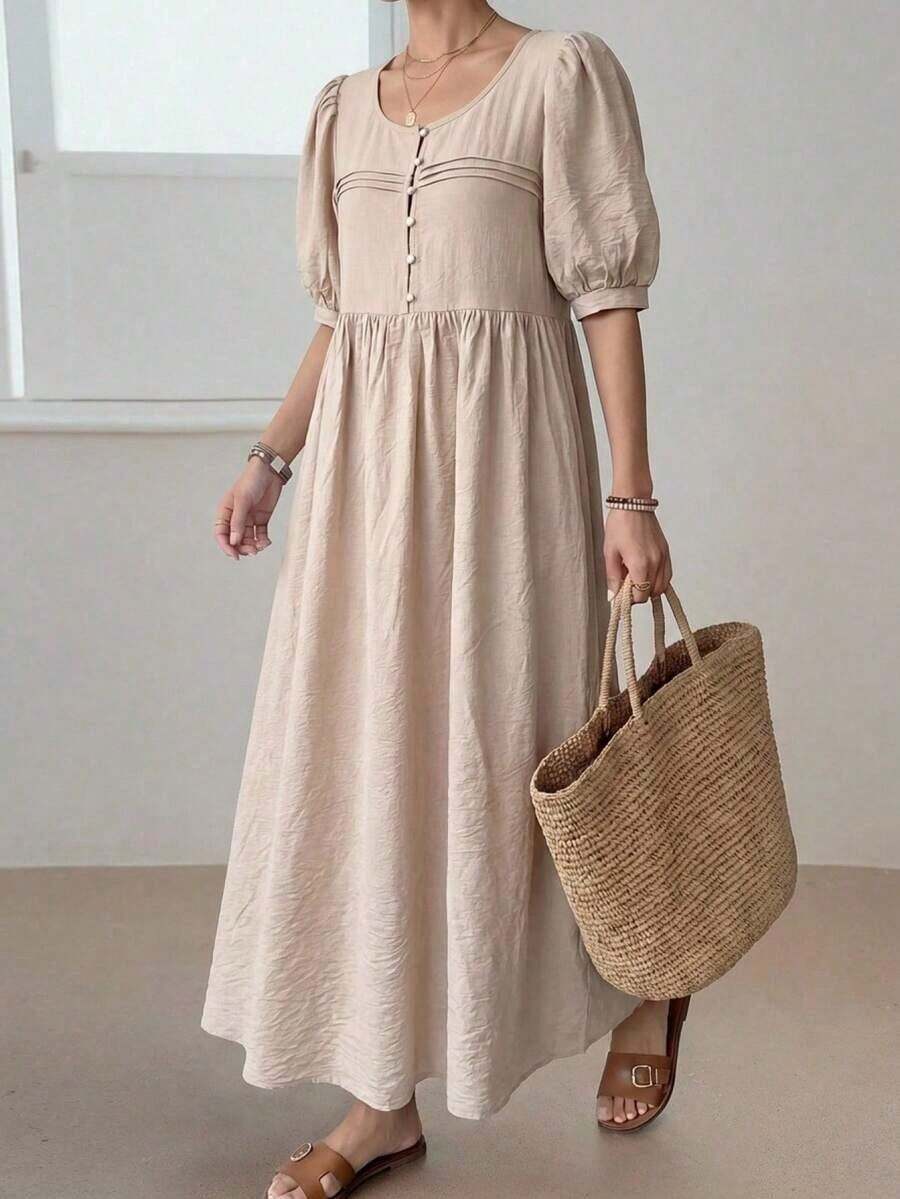 – Vestido largo de verano con mangas cortas, estilo sencillo y básico, cómodo para uso diario y salidas informales. - Verde militar - Ver 1