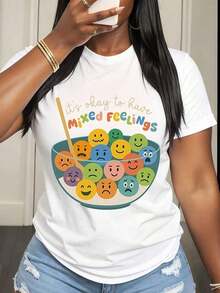 Camiseta de Mujer con Diseño de Cuenco "Es Bueno Tener Sentimientos Mixtos", Ropa Casual para Uso Diario, Divertida y Cómoda, con Estampado de Emociones Coloridas, Perfecta para Atuendos Diarios e Ideas de Regalo. - Blanco - Ver 6
