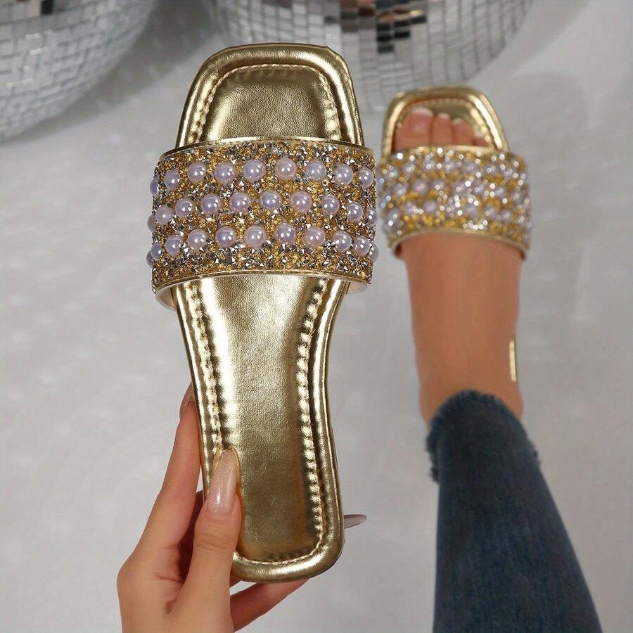 1 Pair Plus Size Elegant Ivory Metallic Cross Beaded Pearl Slippers, Comfortable Versatile Outdoor/Indoor Flat Sandals With Rhinestones And Pearls, Suitable For Daily Wear, Party, Beach, 41-43 - Gold - View 1