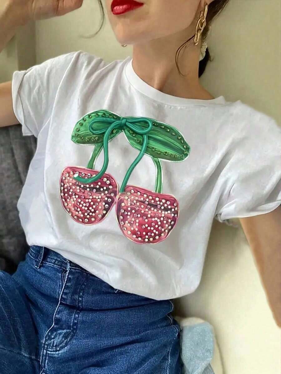 Mexican Basic Camiseta de manga corta de verano blanca, de cuello redondo, con bordado de cereza, de estilo minimalista y versátil New Launch - Blanco - Ver 1