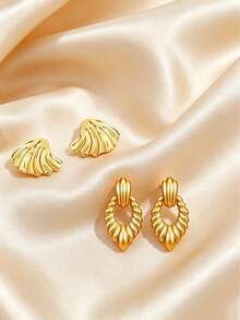 1 Pair/2 Pairs/3 Pairs Gold Wave, Hollow Leaf, Line Flower Dangle Earrings, Fashionable Item For Women, Elegant, Exquisite, Unique, Versatile, Suitable For Daily Wear, Gift. Mother's Day Gift - Gold - View 16