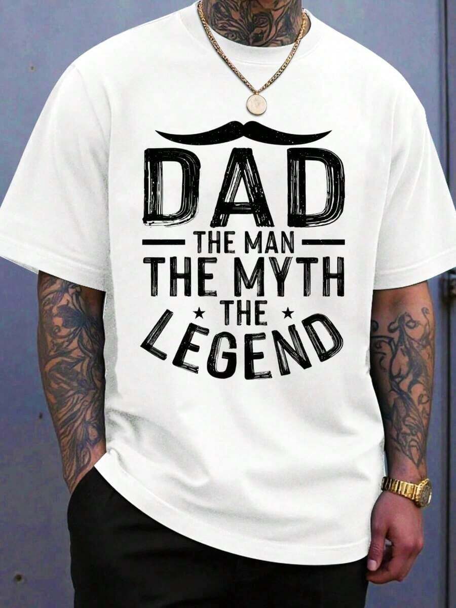 Camiseta 'Papá: El Hombre, El Mito, La Leyenda' para Hombre, Regalo para el Día del Padre, Camiseta de Algodón Negra con Diseño de Bigote - Blanco - Ver 1