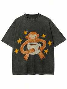 Vintage Washed BlackT-Shirt, Cute Cartoon Monkey With Coffee Cup & Yellow Stars Print Tee,Retro Distressed Oversized Short Sleeve Casual StreetwearTop - 黑色 - 查看 15