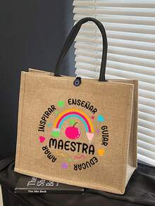 教師主題亞麻托特包套組，蘋果與鉛筆卡通圖案「Maestra」大容量購物袋，多功能亞麻托特包，教師感謝禮物，女款亞麻大容量托特包。新穎設計便攜休閒收納肩背包。便攜化妝收納盒，適用於學校用品、化妝品和文具。適合姐妹的完美禮物，優秀教師禮物，生日禮物，週年紀念禮物，畢業禮物，創意教師禮物，教師節禮物 - 彩色 - 查看 8