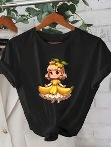 Top de Mujer de Manga Corta Regular Fit - Diseño Estampado de Princesa Plátano con Dibujo Geométrico 2D, Estilo Casual de Manga Corta y Cuello Redondo, Versátil para Todas las Estaciones, Disponible enúltiples Colores y Tallas, Moda Festiva, Estética Retro, Material Transpirable, Estampado DivertidoDaily Casual Round Neck Short Sleeve-Shirt Women - Negro - Ver 1