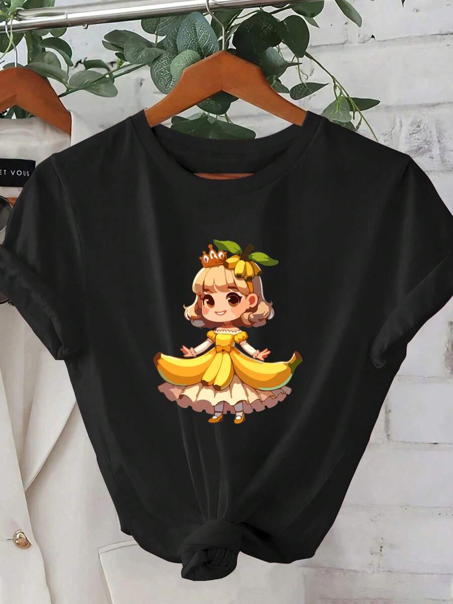Top de Mujer de Manga Corta Regular Fit - Diseño Estampado de Princesa Plátano con Dibujo Geométrico 2D, Estilo Casual de Manga Corta y Cuello Redondo, Versátil para Todas las Estaciones, Disponible enúltiples Colores y Tallas, Moda Festiva, Estética Retro, Material Transpirable, Estampado DivertidoDaily Casual Round Neck Short Sleeve-Shirt Women - Negro - Ver 1