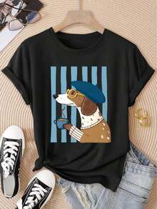 1 Piece Of Women's Short-Sleeved Crew Neck T-Shirt, Stylish, With A Brown Dog Stripe Print, Comfortable, Soft, Breathable, New Style, Fashionable, Simple, Retro, Cool, Versatile, Casual, Suitable For Spring, Summer, Autumn And Winter, Sporty Style. 180g 100% Cotton - 黑色 - 查看 12