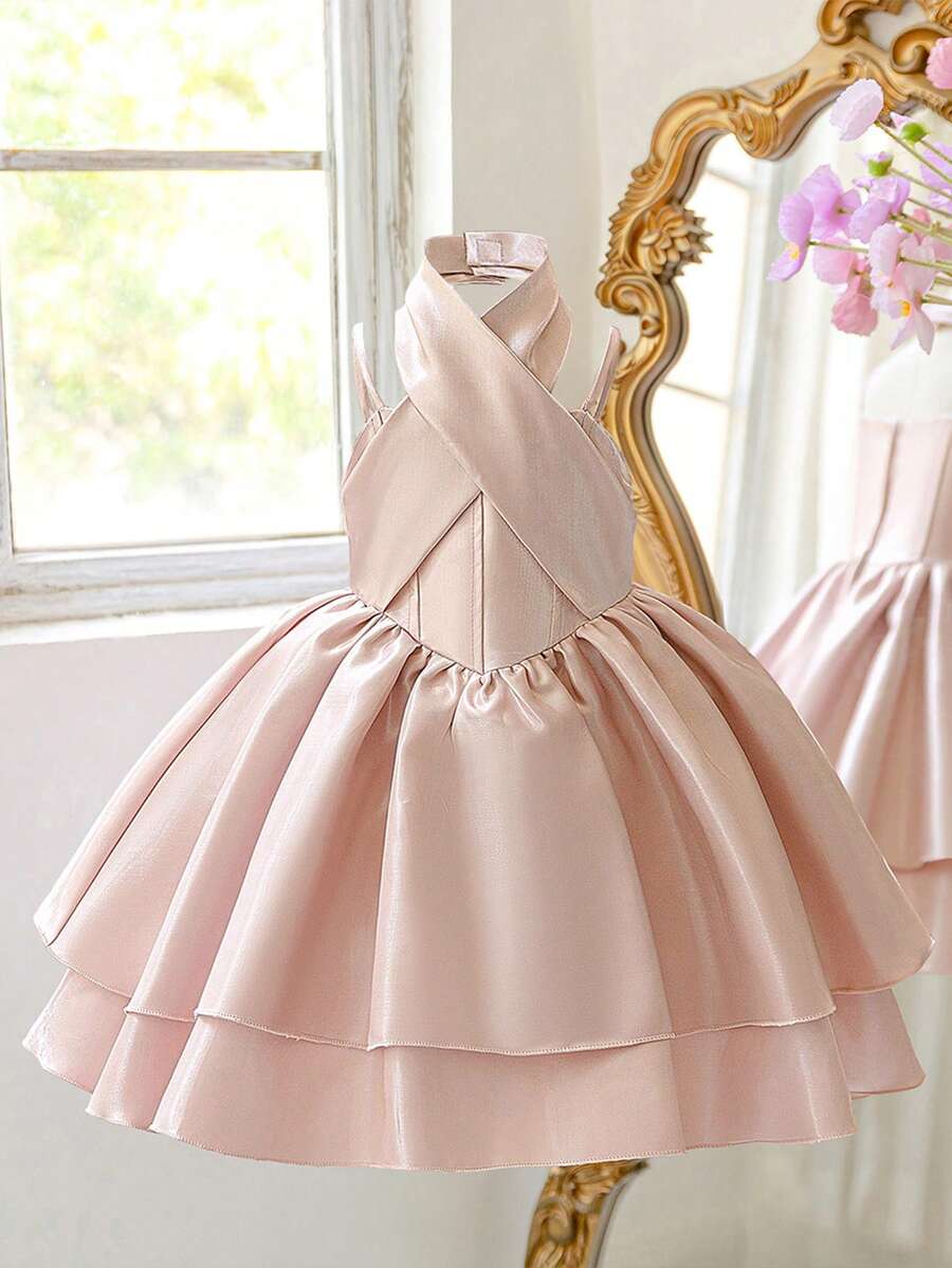 Young Girl Solid Color Halter Neck Pleated Casual Daily Dress Suitable For Party - Dusty Pink - View 1