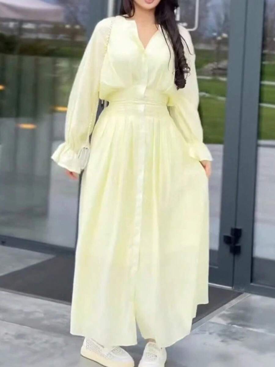 New Spring Long Dress, Fitted With Buttons, Defined Waist, Elegant European Style, Women's Fashion - 黃色 - 查看 1
