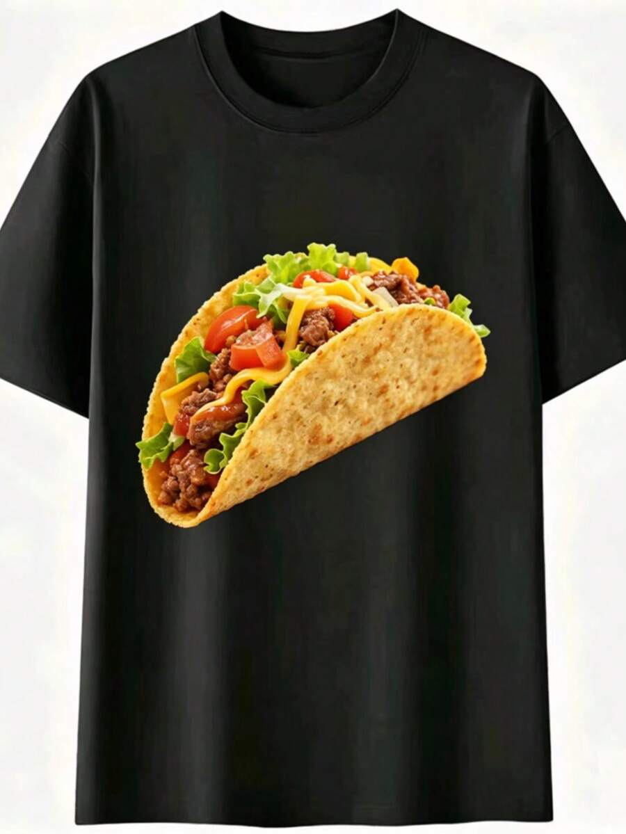 Unisex 100% Cotton T-Shirt, Mexican Taco Food Print, Round Neck Short Sleeve Casual Fiesta Mexico - 白色 - 查看 1
