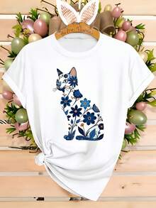 Top de estilo casual deportivo para mujer, elegante y a la moda, con estampado floral de gato, ideal para primavera, verano y otoño. Suave y cómoda, camiseta de cuello redondo y manga corta disponible en tallas S-XXL. Ajuste cómodo, confección duradera, diseño estampado. Adecuado para deportes diarios, moderno, holgado, popular y cómodo. Casual, elegante y deportivo, luce genial tanto si se usa solo como en capas. Captura fácilmente la esencia de las  de moda. Ecológico - Blanco - Ver 7