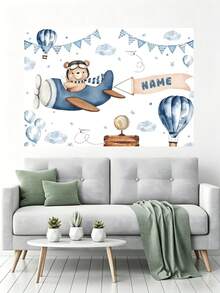 Customizable Pilot Bear Theme Banner Background, Blue Flag Paper Plane Star Globe Hot Air Balloon Decor Design, Suitable For Baby Shower, Birthday Party Backdrop, Photography Props, Vinyl - Blue - View 7
