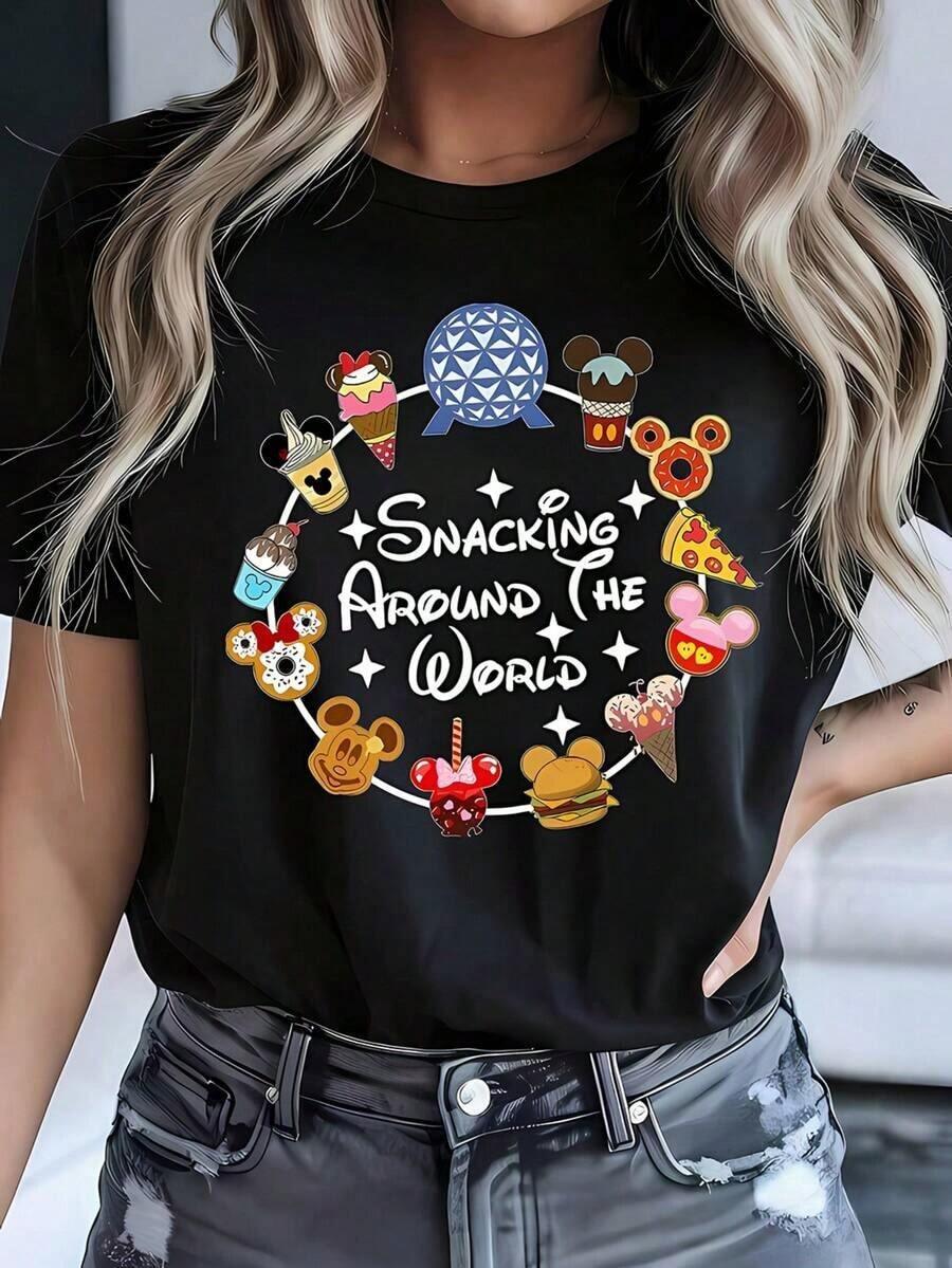 Camiseta Casual de Algodón para Mujer, Manga Corta, Cuello Redondo, con Estampado Gráfico 'Snacking Around The World', Corte Regular, Color Negro - Negro - Ver 1