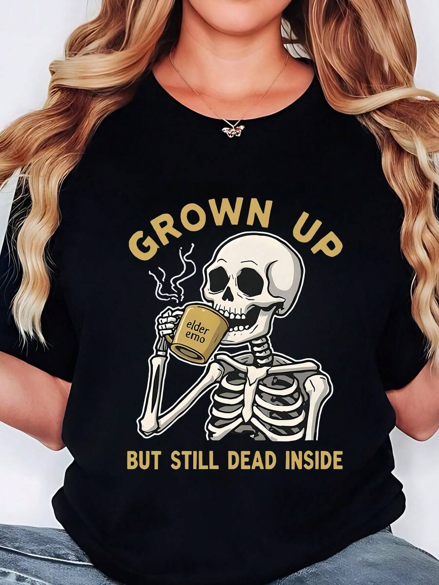 Camiseta de manga corta para mujer, estilo emo divertido con diseño de calavera, sencilla y versátil, tallas grandes 0-8XL, transpirable, holgada, disimula la forma del cuerpo, adecuada para el uso diario, se puede usar como capa base o sola, apta para todas las estaciones, camiseta de algodón. - Negro - Ver 1