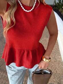 Blusa sin mangas de punto para mujer, estilo minimalista casual, unicolor, bajo con volantes, favorecedora, adecuada para ir a trabajar, citas, vacaciones, tiempo libre - sello - Ver 2