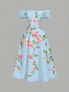 MOD Vestido floral con hombros descubiertos elegante para mujer - Azul - Ver 3