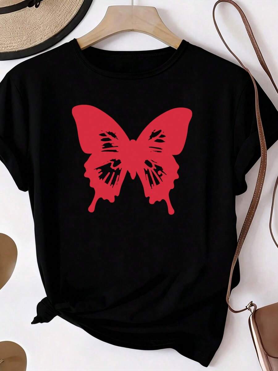 Women's T-Shirt, 100% Pure Cotton, Bohemian Style, With Artistic Floral Print, Casual, Basic, Short Sleeve, Fashionable. Women's T-Shirt With Vintage Bohemian Pattern, 100% Cotton, Soft, Breathable, Round Neck, Short Sleeve, Urban Boho Style. - 黑色 - 查看 1