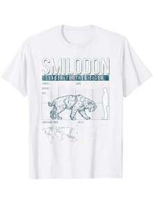 Camiseta de temática antigua con tigre diente de espada - Camiseta de manga corta de algodón suave con estampado de dinosaurios retro y mamíferos de la era de hielo, top casual para entusiastas de la paleontología, regalo para el Día del Padre, camisetas para mujer, blusas elegantes para mujer. - Blanco - Ver 1