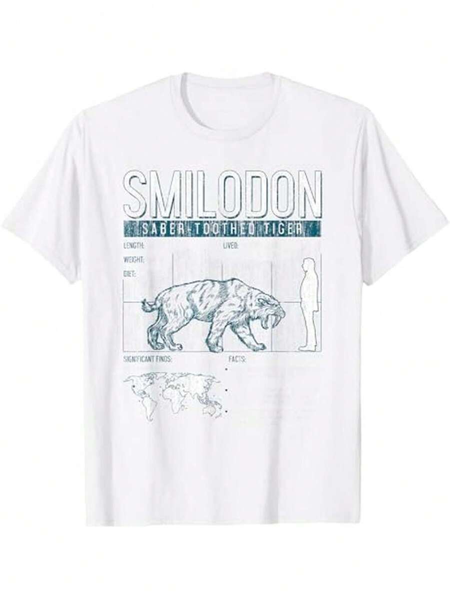 Camiseta de temática antigua con tigre diente de espada - Camiseta de manga corta de algodón suave con estampado de dinosaurios retro y mamíferos de la era de hielo, top casual para entusiastas de la paleontología, regalo para el Día del Padre, camisetas para mujer, blusas elegantes para mujer. - Blanco - Ver 1