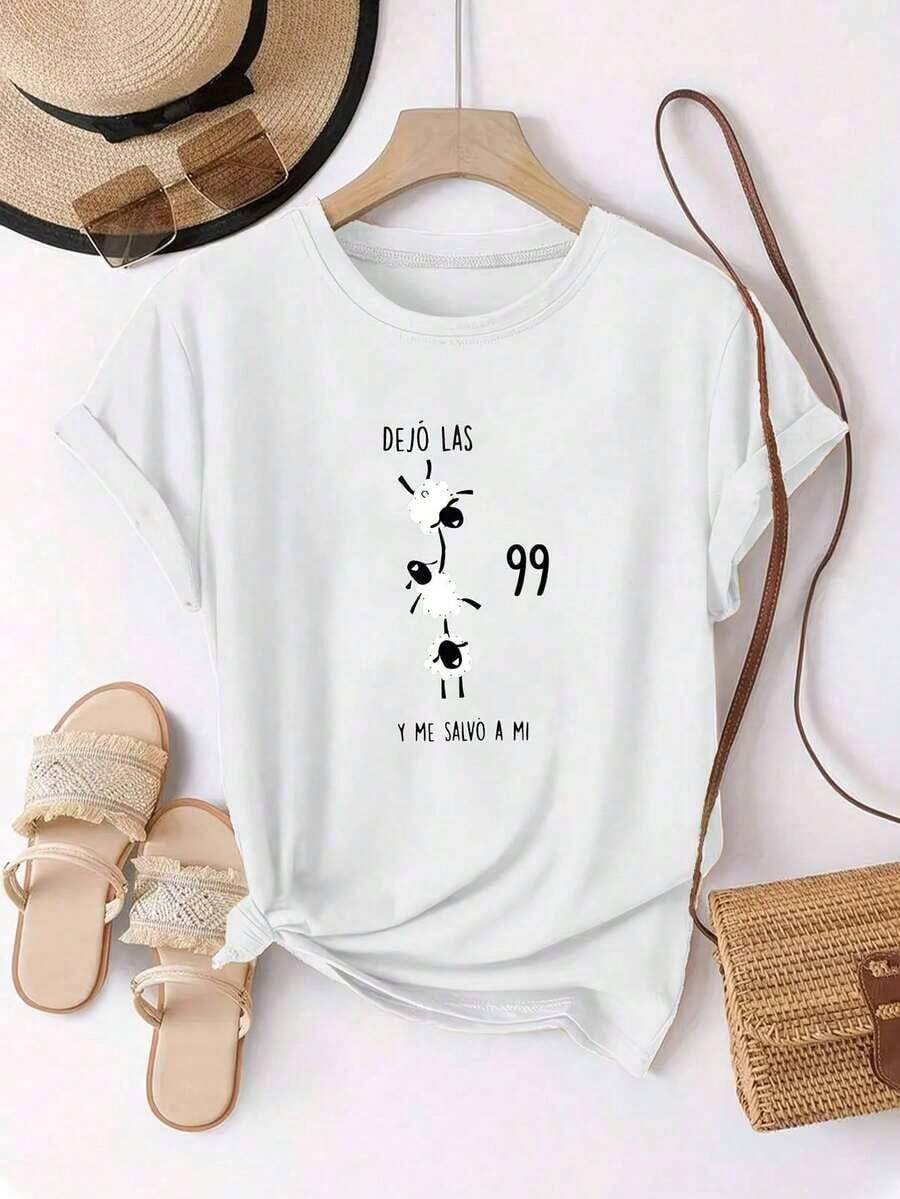 1 Camiseta de Oveja Española para Mujer con la Divertida Frase "DEJO LAS 99 Y ME SALVO A MI" y Diseño de Oveja Lindo - Top Casual Humorístico con Texto en Español y Cuello Redondo, Regalo de Primavera Verano Adecuado para Cumpleaños, Días Festivos, Ropa Casual - Blanco - Ver 1
