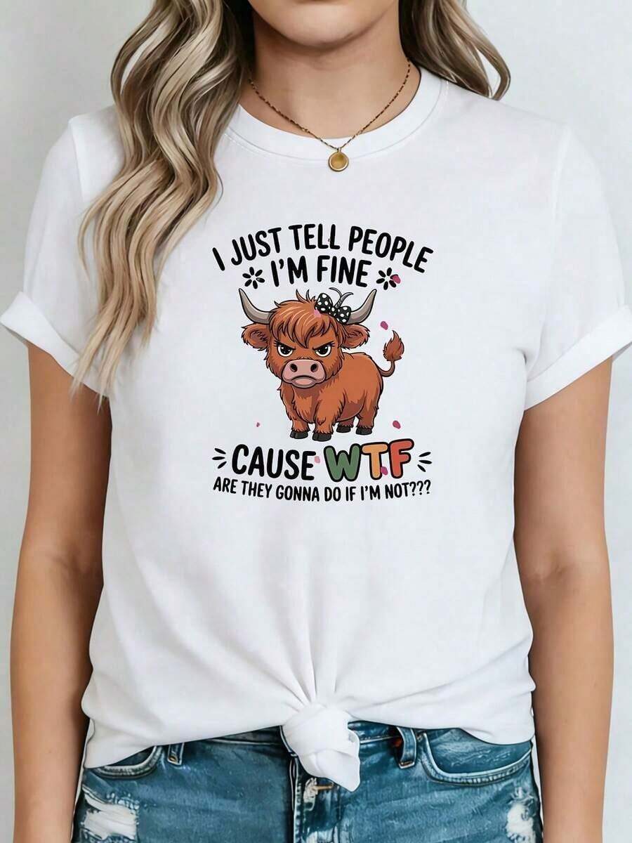 Camiseta de Cuello Redondo Talla Grande para Mujer con Frase Divertida "SOLO LES DIGO QUE ESTOY BIEN" - Blusa de Manga Corta y Cuello Redondo Talla Grande Adecuada para Uso Diario, Ocasiones Casuales y Sociales, Top Casual de Primavera Verano con Estampado Humorístico (Lavable a Máquina) Camiseta Casual de Talla Estándar para Mujer, Transpirable, Ligera, de Manga Corta, Blusas para Mujer Casual - Blanco - Ver 1