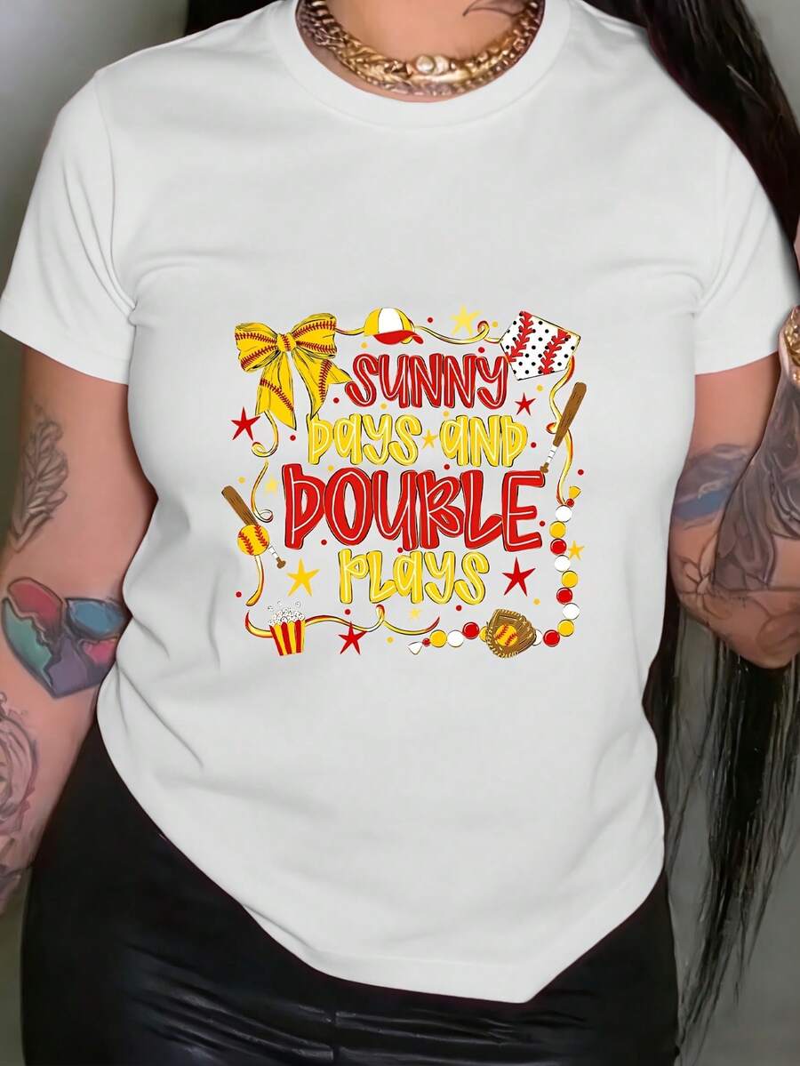 Camiseta de Mujer con Estampado de Sol y Doble Béisbol - Camiseta casual de manga corta y cuello redondo, con un diseño de béisbol y sol, lavable a máquina, adecuada para usar en verano y primavera, ideal para atuendos casuales diarios. - Blanco - Ver 1