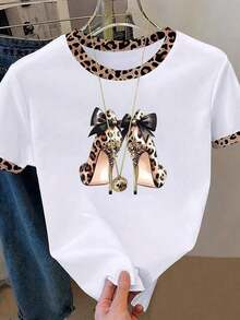 Camiseta de manga corta con cuello redondo y estampado de pez de bloques de color - Blanco - Ver 1