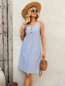 Vestido casual de mujer con diseño de botones, cuello redondo, sin mangas, a rayas y con bolsillo - Azul y blanco - Ver 6