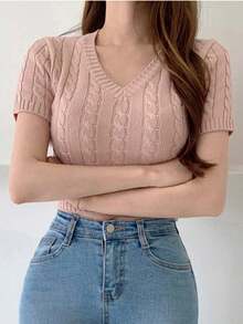 Blusa de manga corta con cuello en V caqui de punto con giro, primavera/verano - Rosa - Ver 7