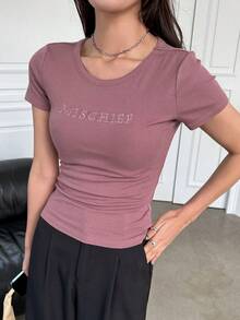 Camiseta bordada con letras, Crop Tops para Mujer - Rosa - Ver 8