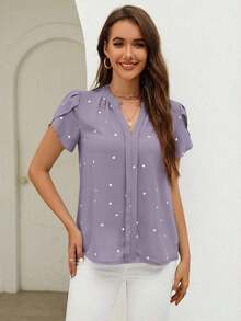 Blusa de mujer con estampado de corazón y mangas de pétalos, cuello en V, para verano y playa, con mangas cortas - Púrpura polvoriento - Ver 5