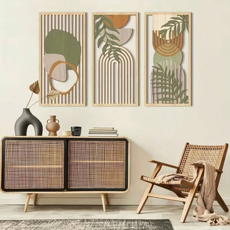 2D flaches Holz Wanddekor Set 3 Stücke mittelalterliche moderne Kunst neutrale böhmische Dekoration geeignet für Wohnzimmer, Schlafzimmer oder Büro, Wohnzimmer Dekoration | Perfekt für 11 Feiertage Naturholz Dekoration - Feiertagsdekoration ohne Strom erforderlich - Verschiedenfarbig - Übersicht 1