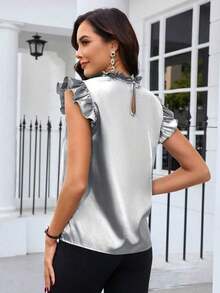 Blusa de satén de unicolor con mangas de tapa para uso diario, blusas sin mangas - Plateado - Ver 2