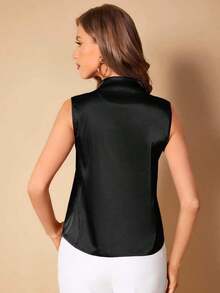Blusa de satén con cuello en V sólido, tops sin mangas - Negro - Ver 2