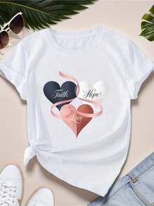 Women's Short-Sleeved T-Shirt With Round Neck, Featuring Colorful Heart-Shaped Prints, Soft And Flowing Drape, Suitable For Daily Wear, Office, School, Vacation, Camping, Versatile Style, Making Your Summer More Vibrant And Colorful. - 白色 - 查看 6