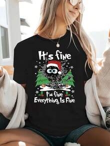 Talla Grande - Talla Grande - Camiseta de Manga Corta para Mujer con Diseño Humorístico y Autodegradante Temático de Navidad: Estoy Bien, Todo Está Bien.Presenta Estampados de Letras, Adecuada para la Moda Casual de Vacaciones de Mujeres Europeas y Americanas - Negro - Ver 1