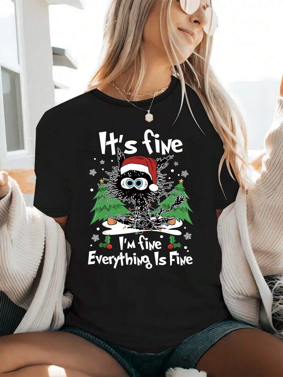 Talla Grande - Talla Grande - Camiseta de Manga Corta para Mujer con Diseño Humorístico y Autodegradante Temático de Navidad: Estoy Bien, Todo Está Bien.Presenta Estampados de Letras, Adecuada para la Moda Casual de Vacaciones de Mujeres Europeas y Americanas - Negro - Ver 1