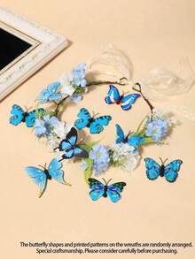 1 pieza Nueva corona de flores para novia, accesorio para el cabello hecho a mano con flores, decoración para vestido de novia, accesorio para luna de miel, corona de flores romántica de moda (color mariposa, estilo aleatorio) - 58933 Azul - Ver 5