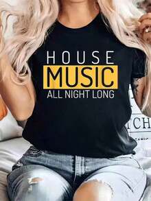 Camiseta% Algodón para Hombre con Estampado de House Music All Night Long - EDM Rave Music Festival, Cuello Redondo, para Verano, Camiseta Suave de Manga Corta para Mujer, Camiseta Elegante y Cómoda para Mujer, Camisetas con Estampados - Negro - Ver 1