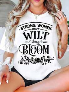 Camiseta estampada para mujer, "Las mujeres fuertes no se marchitan, florecen", manga corta, cuello redondo, top casual para uso diario y regalo para ella. Ropa de talla grande para mujer, blusas estampadas para mujer. - Blanco - Ver 5