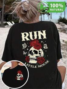 Playera Negra Unisex con Estampado de Calavera y Rosas Urbanas para Hombre y Mujer –  Mexicana con Diseño de Mariposas y Texto RUN Destacado Ideal para Moda Casual y Estilo Juvenil - Negro - Ver 12