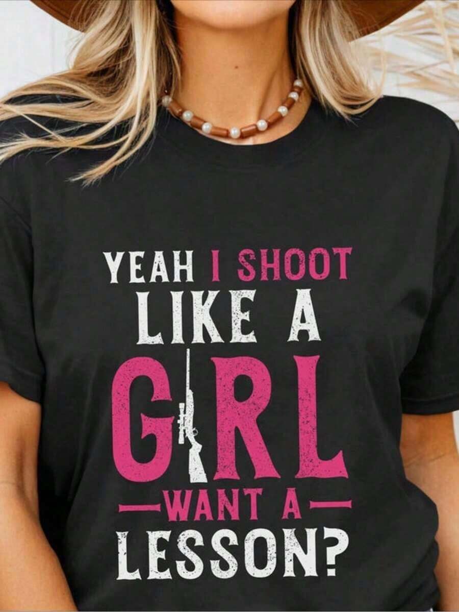 Nueva Llegada 2026: Camiseta "Disparo Como Una Chica Que Quiere Una Lección" - Camiseta Divertida de Caza con Diseño de Ciervos, Alces y Patos - Para Cazadoras - Tela Suave, Transpirable, 100% Algodón, Uso Diario, Camiseta de Mujer con Estampado Gráfico - Negro 5 - Ver 1