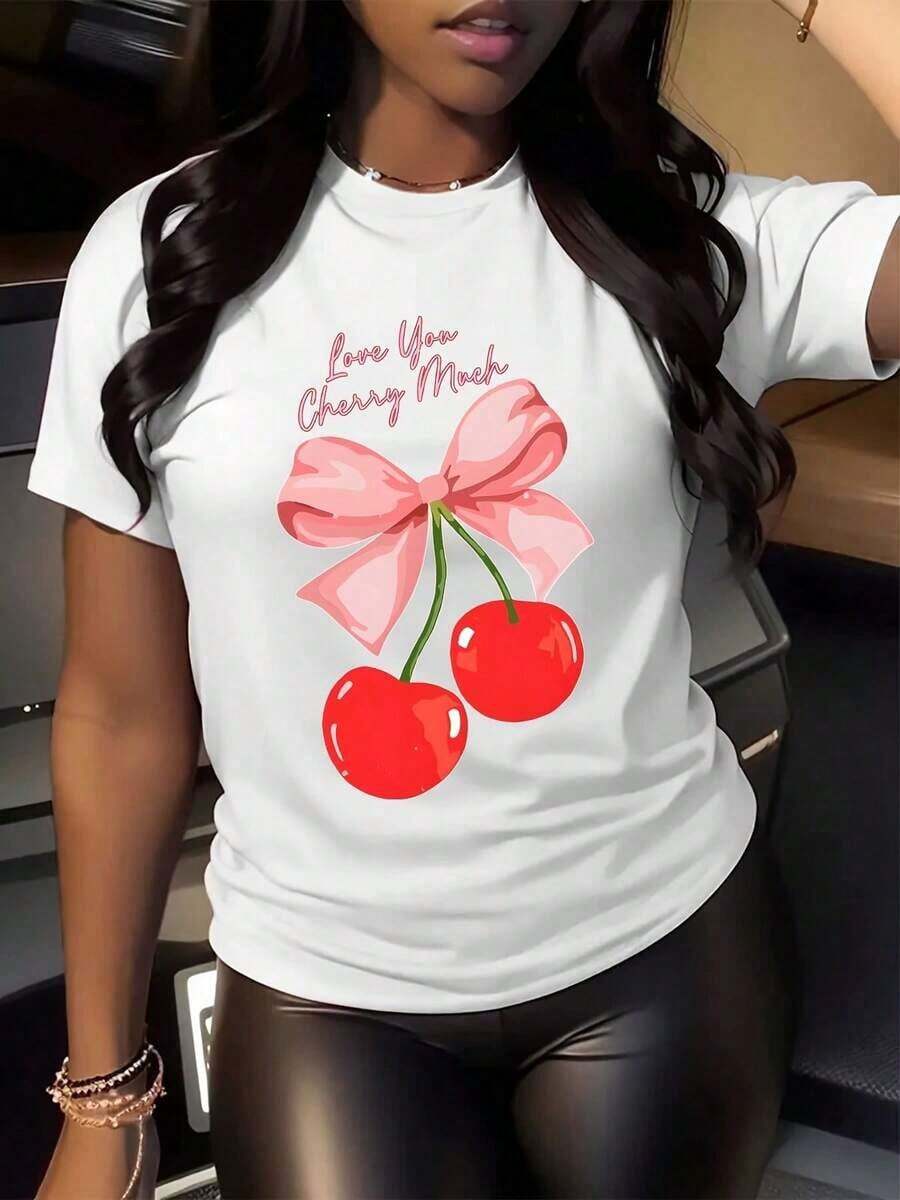 100% Cotton, Women's Plain Color T-Shirt With Round Neck, Short Sleeve, Cherry Print, Plus Size, Ideal For Parties And Holidays. - 白色 - 查看 1